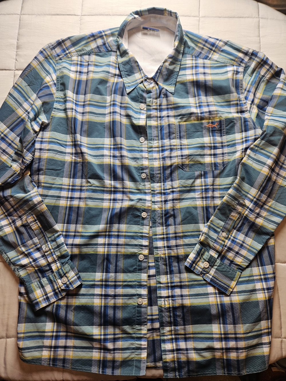 Salt Life Men's Plaid Button-Down Shirt in Teal, Blue and Yellow